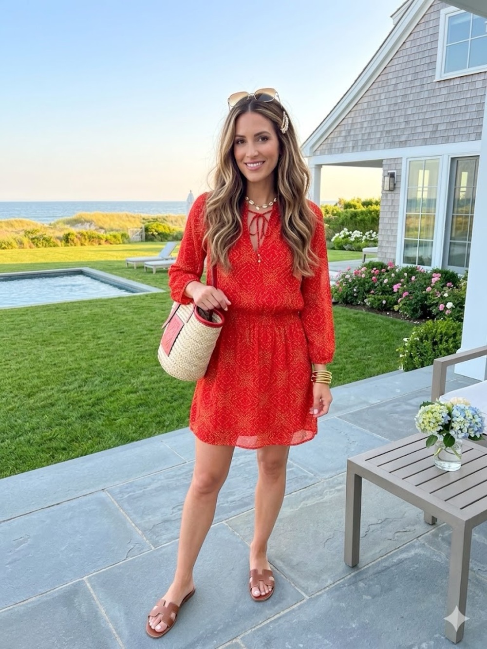 Ralph Lauren Red Printed Long-Sleeve Midi Dress and full Slip